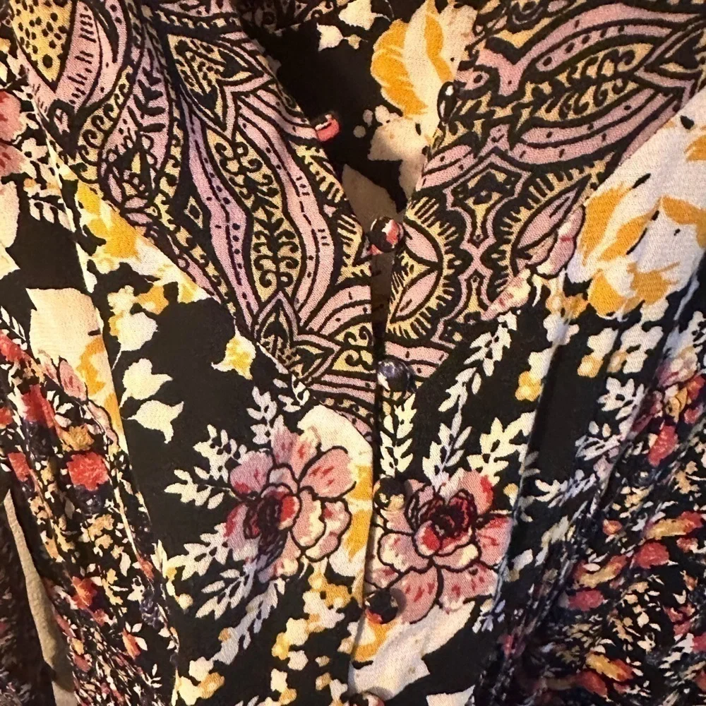 FREE People Wildflower Fields Tunic Top Dress Black Floral Bell Sleeve Buttons